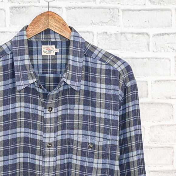 Faherty Brand Men's Button up Flannel Shirt Blue Grey Plaid cotton size 2XL - Picture 3 of 6